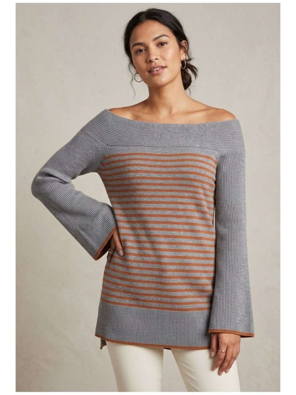ANTHROPOLOGIE Elise Gray/Tan Stripe Long Sleeve Off Shoulder Sweater Women L